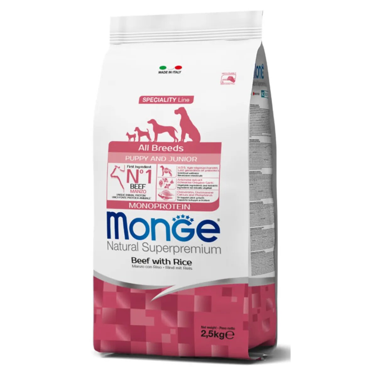 Monge Natural Superpremium Monoprotein Puppy&Junior XS-XL Vită și Orez hrană uscată câini junior 2.5kg