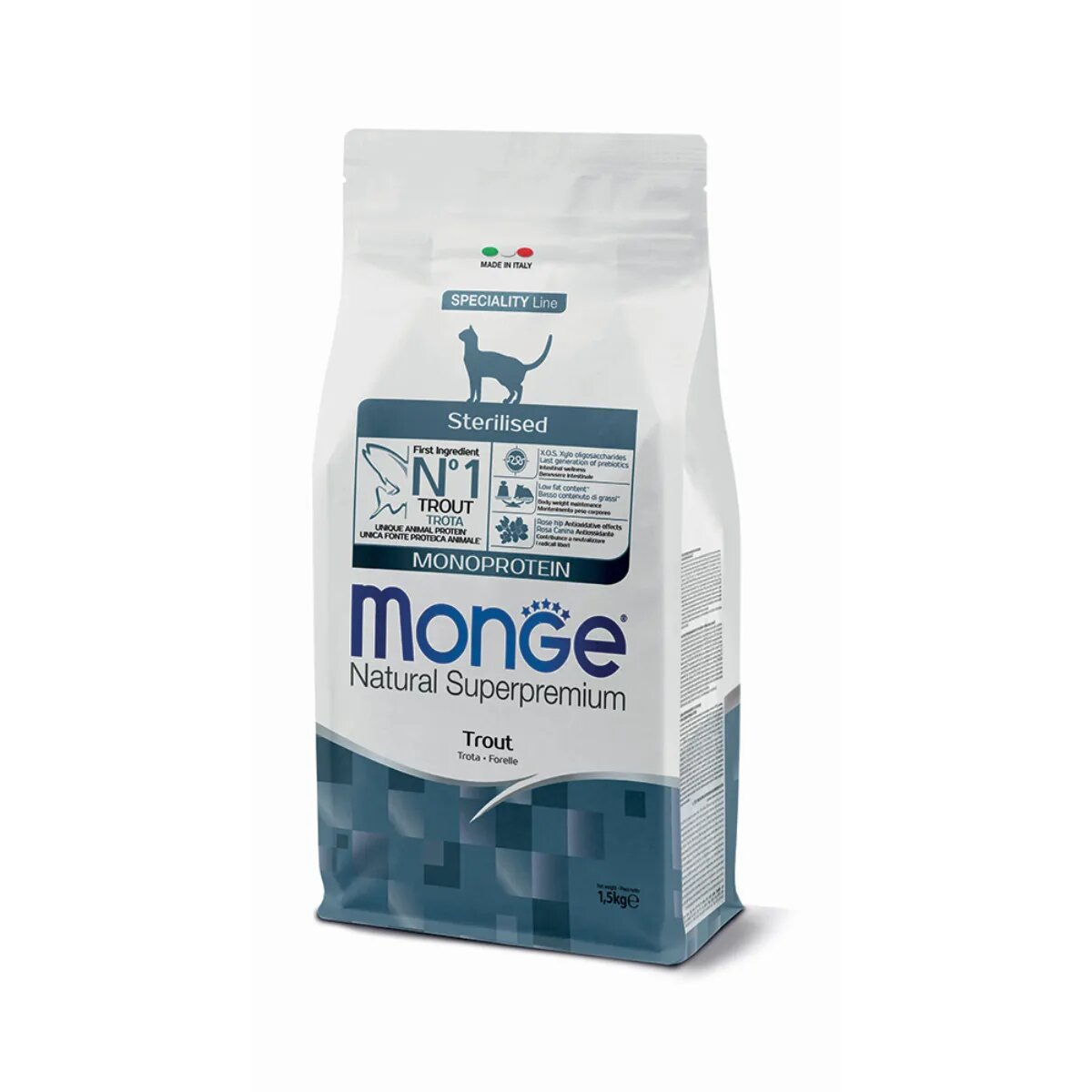 Monge Natural Superpremium Monoprotein Sterilised Păstrăv hrană uscată pisici sterilizate 1.5kg