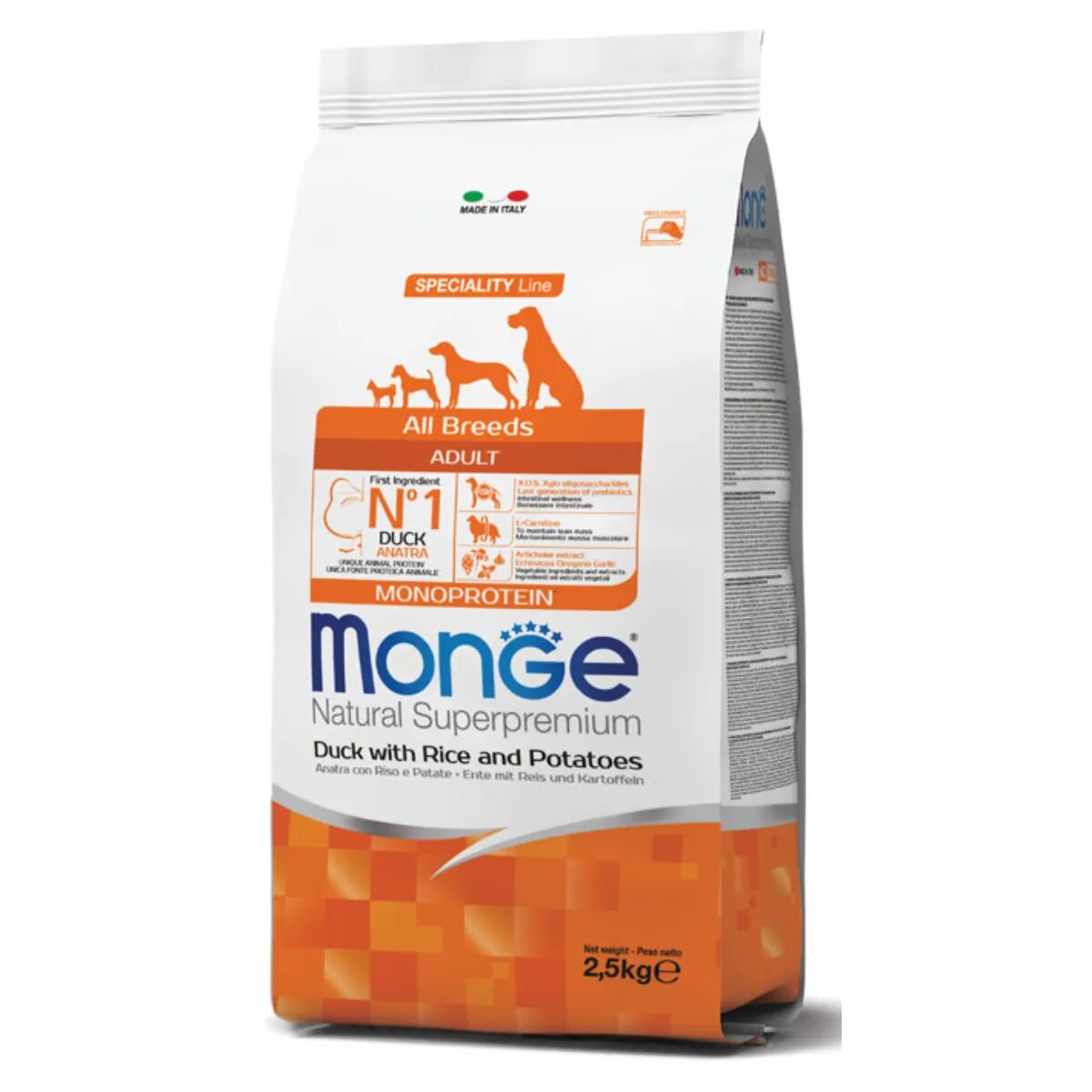 Monge Natural Superpremium Monoprotein XS-XL Rață și Orez hrană uscată câini 2.5kg