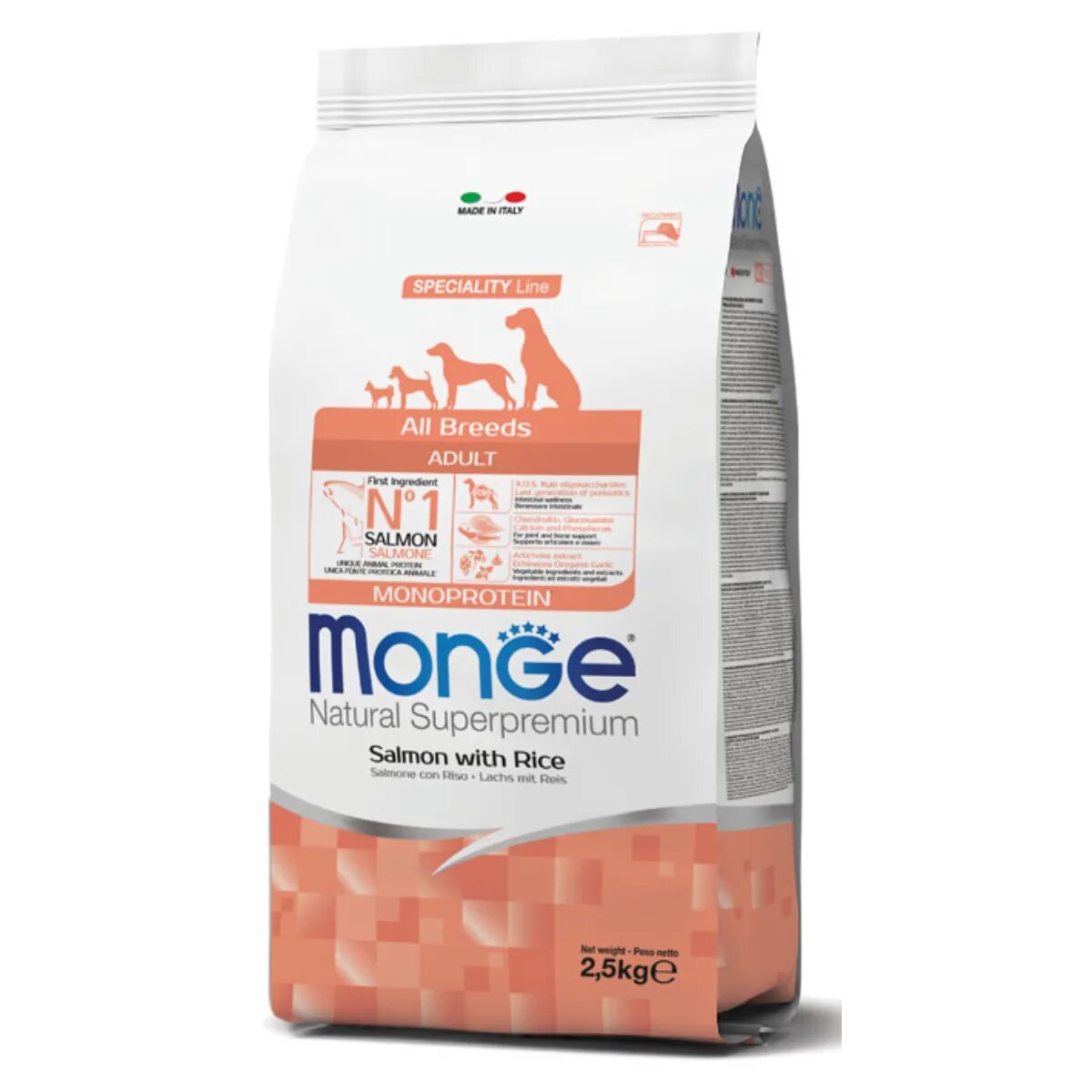Monge Natural Superpremium Monoprotein XS-XL Somon și Orez hrană uscată câini 2.5kg
