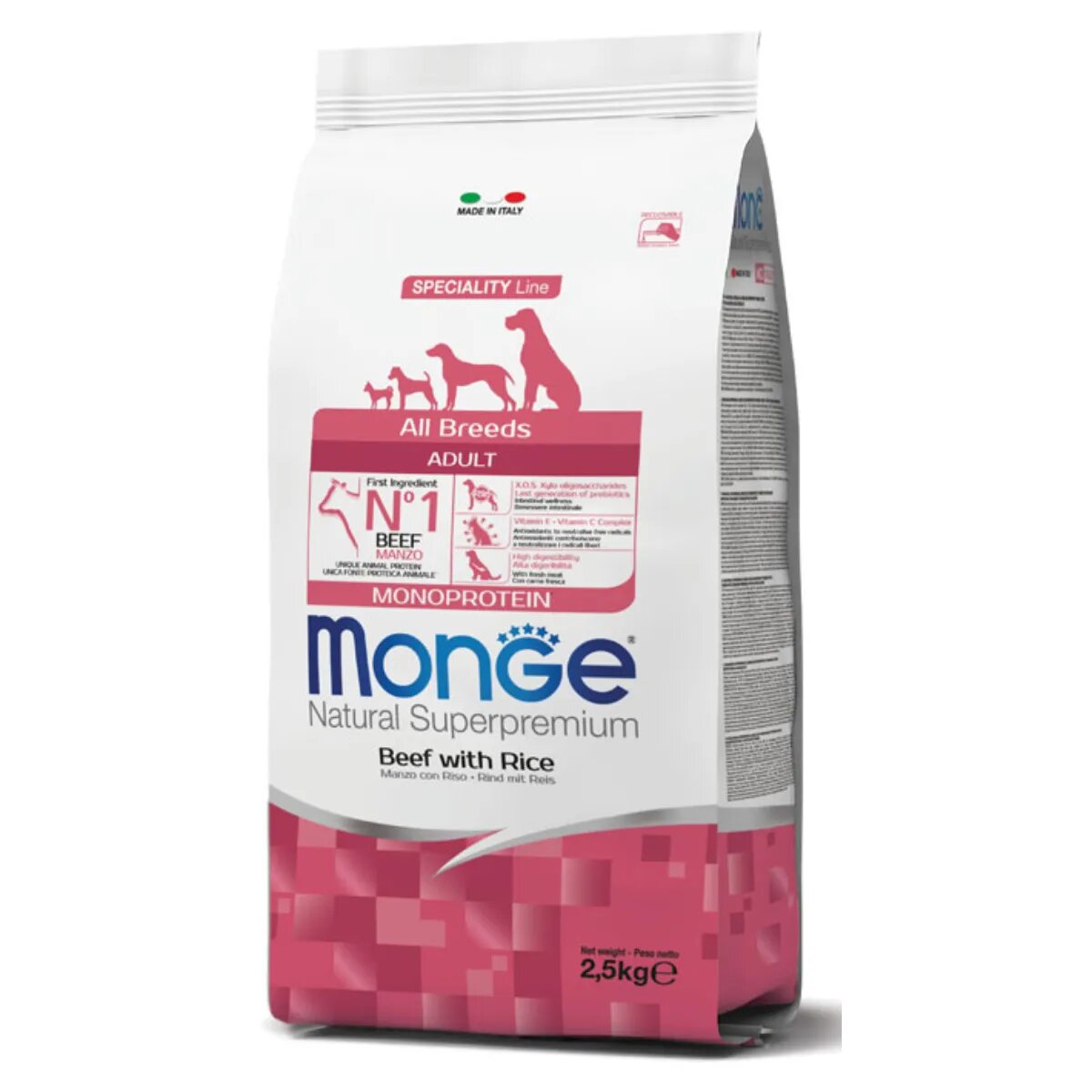Monge Natural Superpremium Monoprotein XS-XL Vită și Orez hrană uscată câini 2.5kg