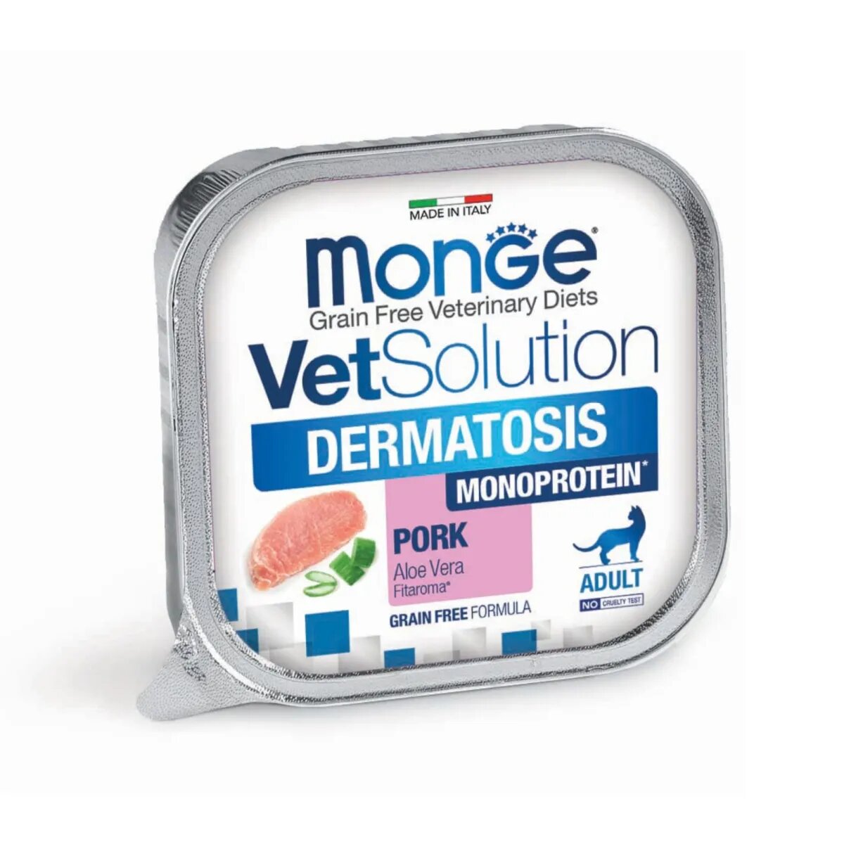 MONGE VETSOLUTION Dermatosis Porc și Aloe Vera dietă veterinară tăviță hrană umedă fără cereale pisici piele & blană (pate) 100g