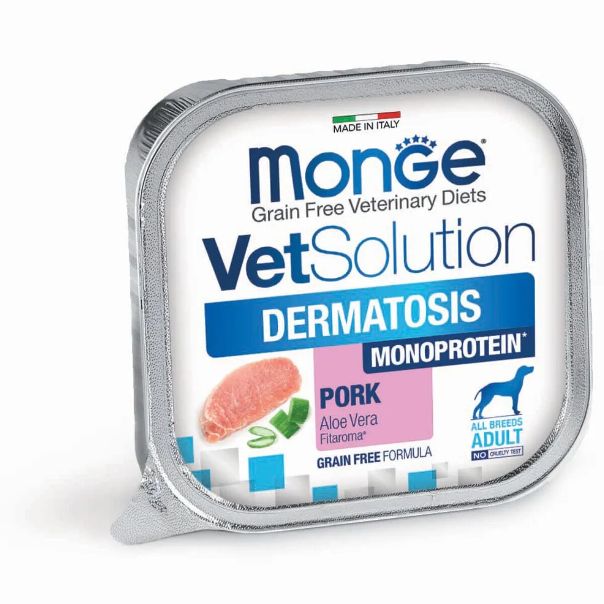 MONGE VETSOLUTION Dermatosis XS-XL Porc dietă veterinară tăviță hrană umedă fără cereale câini piele & blană (pate) 150g