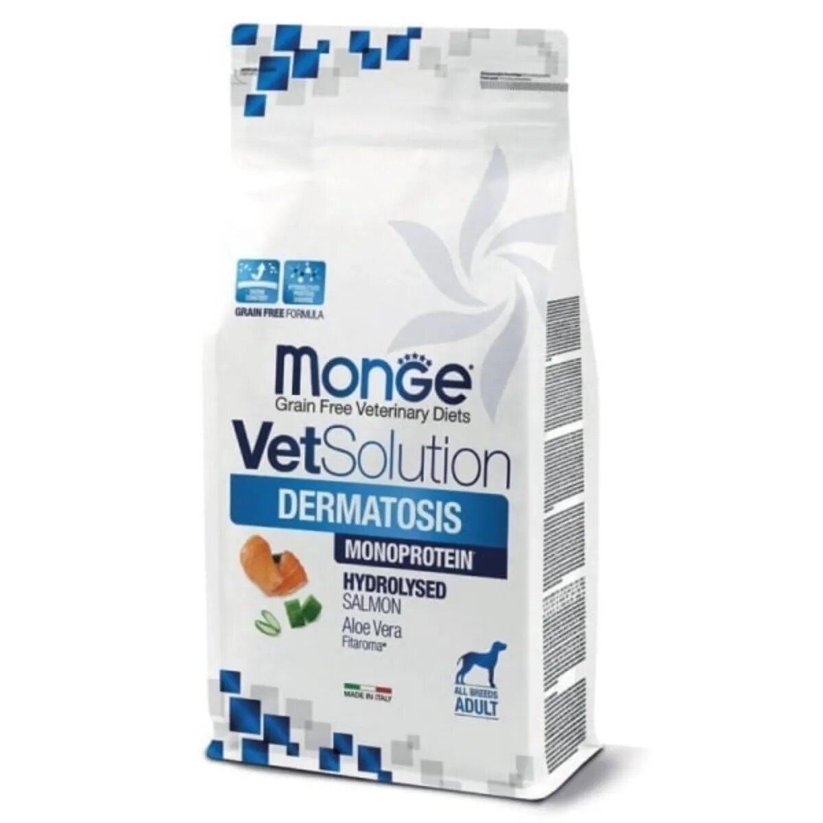 MONGE VETSOLUTION Dermatosis XS-XL Somon dietă veterinară hrană uscată fără cereale câini piele & blană 12kg