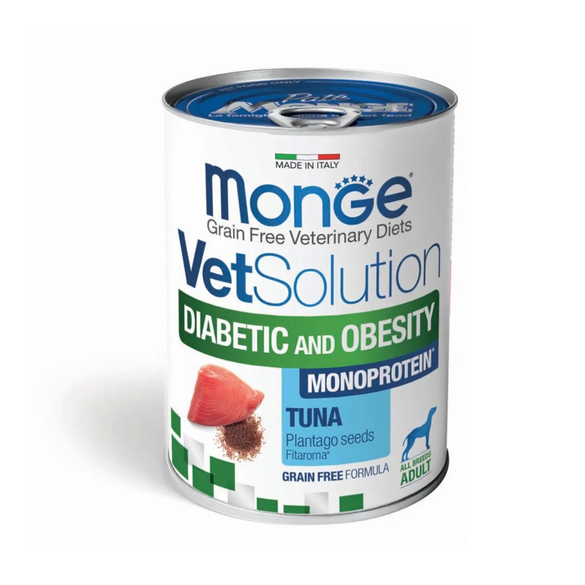MONGE VETSOLUTION Diabetic & Obesity XS-XL Ton dietă veterinară conservă hrană umedă fără cereale câini obezitate & diabet (pate) 400g