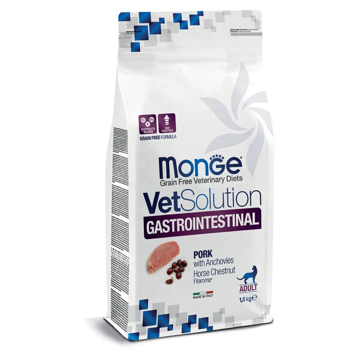 MONGE VETSOLUTION Gastrointestinal Porc dietă veterinară hrană uscată fără cereale pisici sistem digestiv 1.5kg