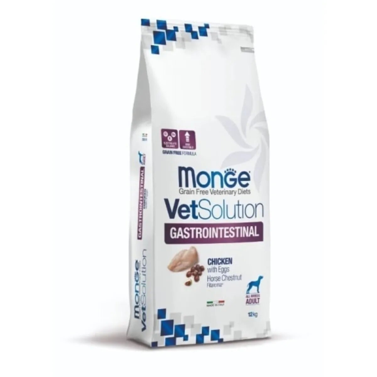 MONGE VETSOLUTION Gastrointestinal XS-XL Pui și Ou dietă veterinară hrană uscată fără cereale câini sistem digestiv 12kg