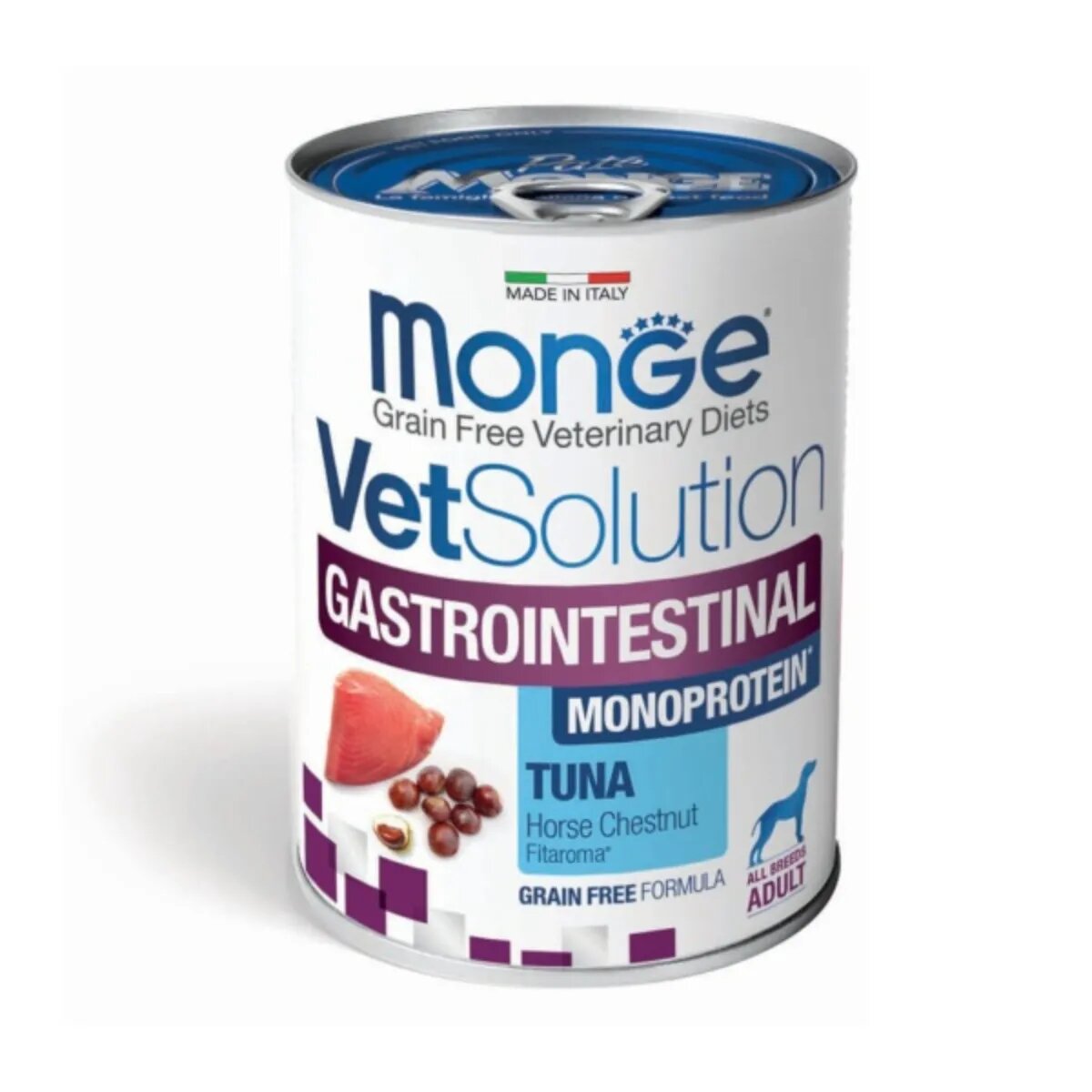 MONGE VETSOLUTION Gastrointestinal XS-XL Ton dietă veterinară conservă hrană umedă fără cereale câini sistem digestiv (pate) 400g