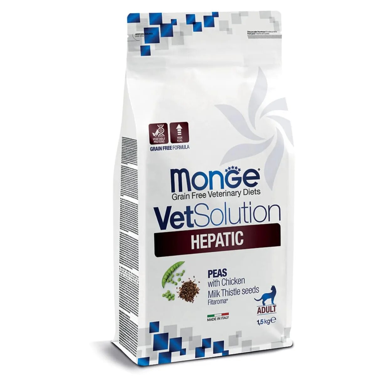 MONGE VETSOLUTION Hepatic Pui și Mazăre dietă veterinară hrană uscată fără cereale pisici sistem hepatic 1.5kg