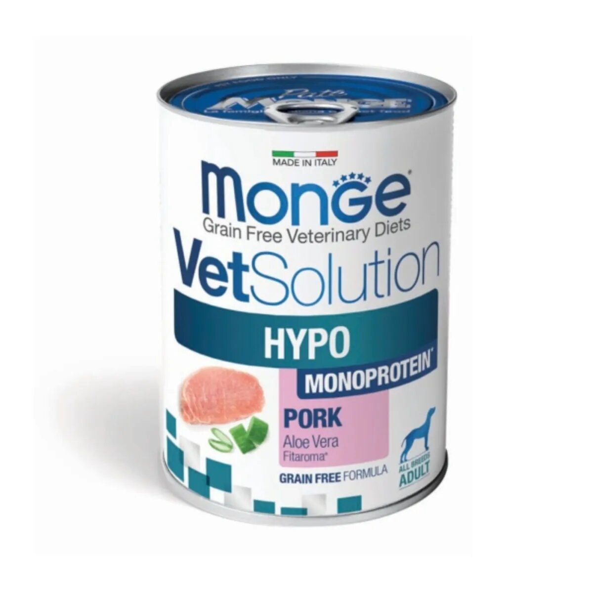 MONGE VETSOLUTION Hypo Monoprotein XS-XL Porc dietă veterinară conservă hrană umedă monoproteică fără cereale câini alergii (pate) 400g