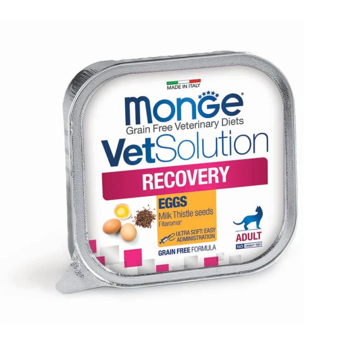 MONGE VETSOLUTION Recovery Ficat și Ou dietă veterinară tăviță hrană umedă fără cereale pisici convalescență (topping) 100g