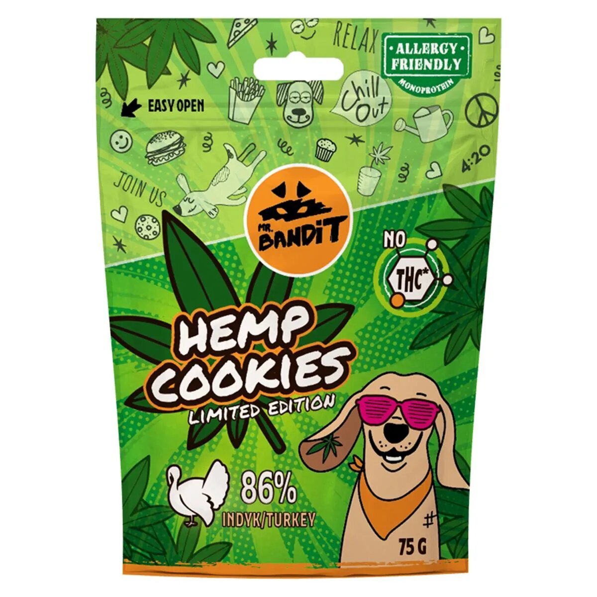 Mr Bandit Hemp Cookies XS-XL Curcan punguță recompense fără cereale câini 75g