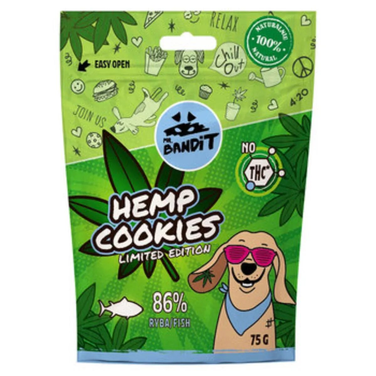 Mr Bandit Hemp Cookies XS-XL Pește punguță recompense fără cereale câini 75g