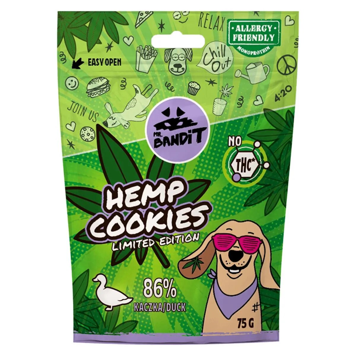 Mr Bandit Hemp Cookies XS-XL Rață punguță recompense fără cereale câini 75g
