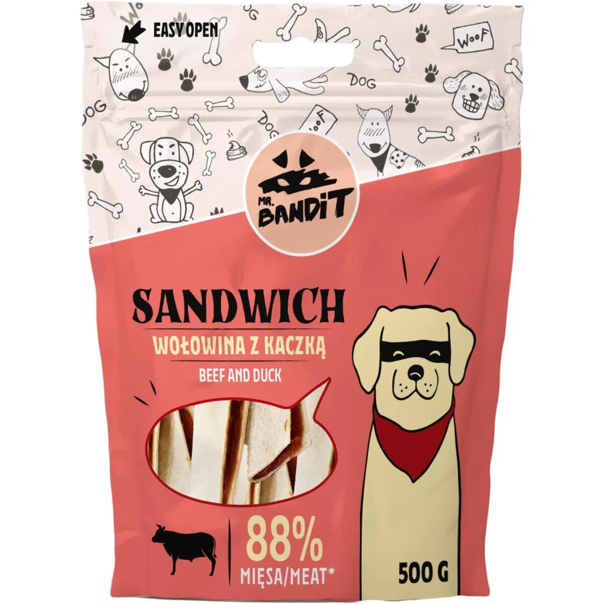 Mr Bandit Sandwich XS-XL Vită și Rață punguță recompense câini 500g