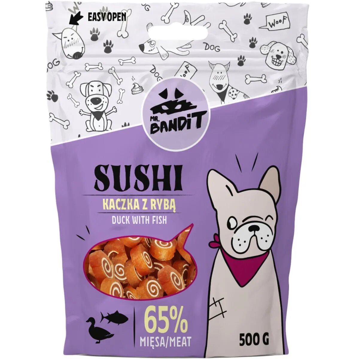 Mr Bandit Sushi XS-XL Rață și Pește punguță recompense câini 500g
