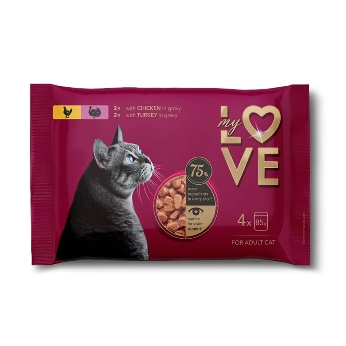 MY LOVE Pui și Curcan plic hrană umedă pisici (în sos) multipack 85g x 4buc