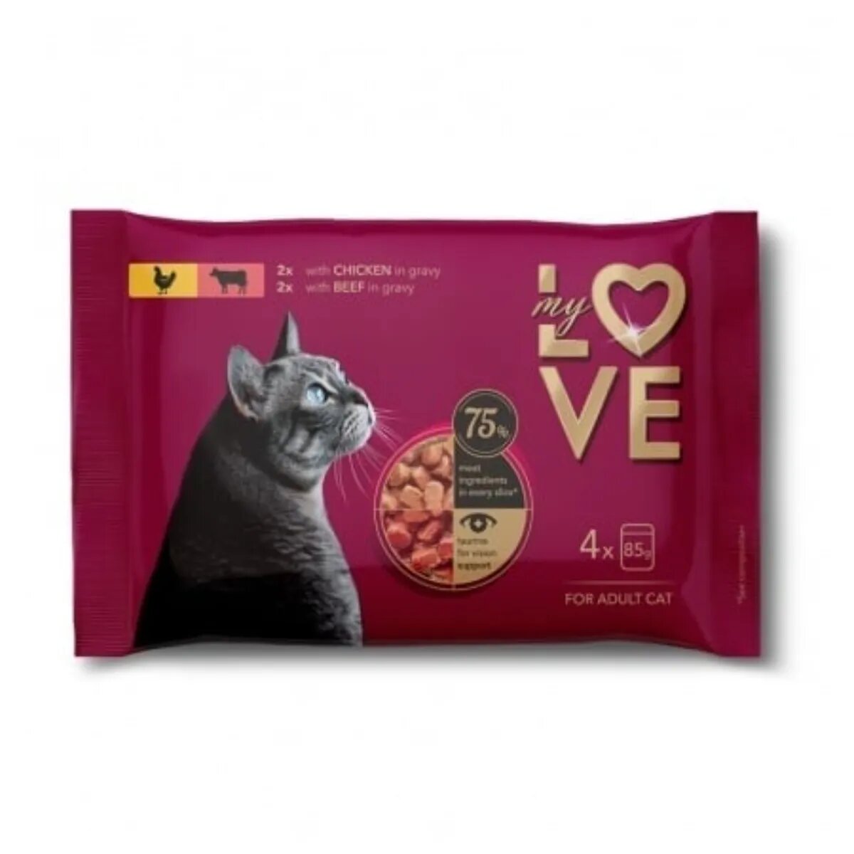 MY LOVE Pui și Vită plic hrană umedă pisici (în sos) multipack 85g x 4buc