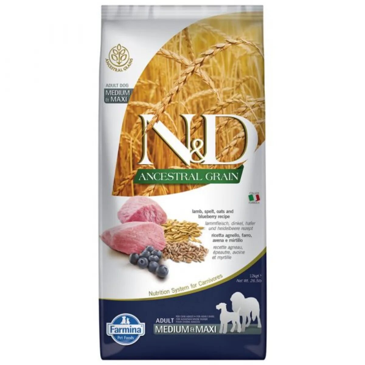N&D Ancestral Grain Adult Medium/Maxi M-XL Miel și afine hrană uscată conținut redus cereale câini 12kg