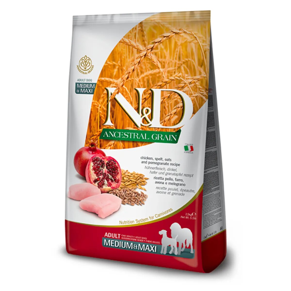 N&D Ancestral Grain Adult Medium & Maxi M-XL Pui și Rodie hrană uscată câini 2.5kg