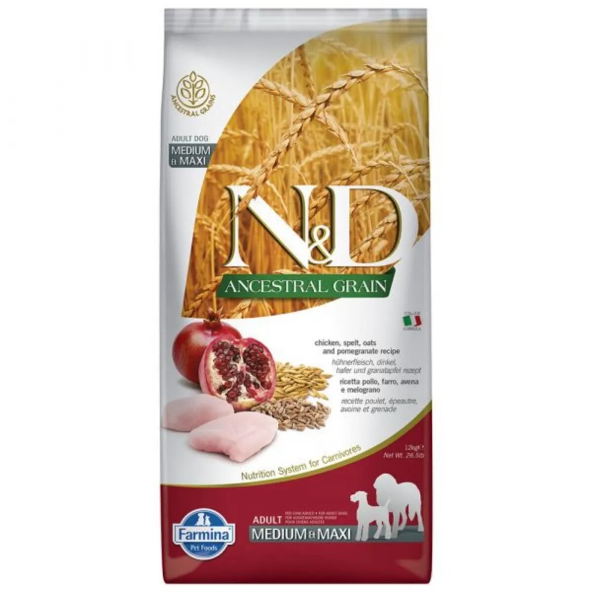 N&D Ancestral Grain Adult Medium/Maxi M-XL Pui și Rodie hrană uscată conținut redus cereale câini 12kg
