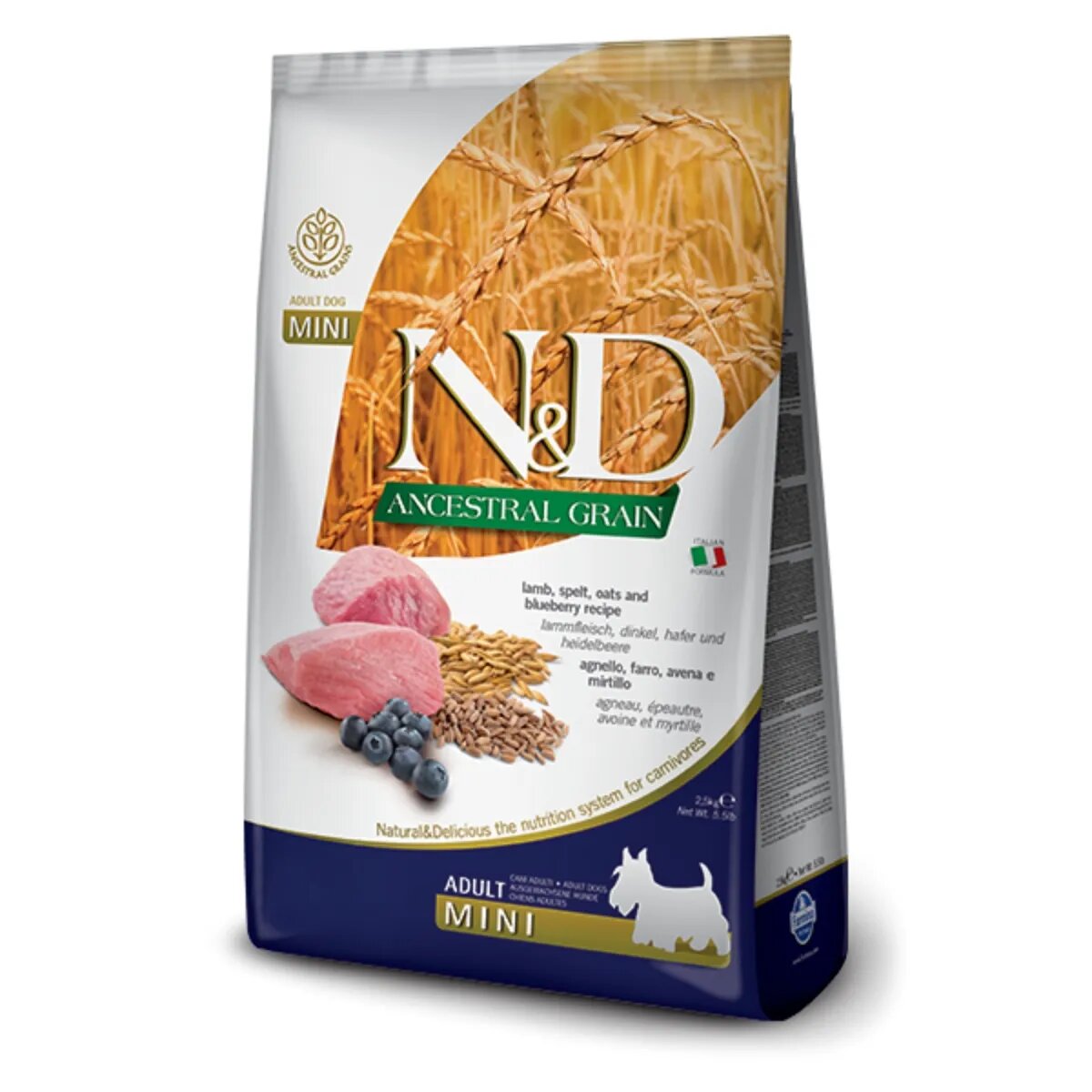 N&D Ancestral Grain Adult Mini XS-S Miel și afine hrană uscată conținut redus cereale câini 7kg