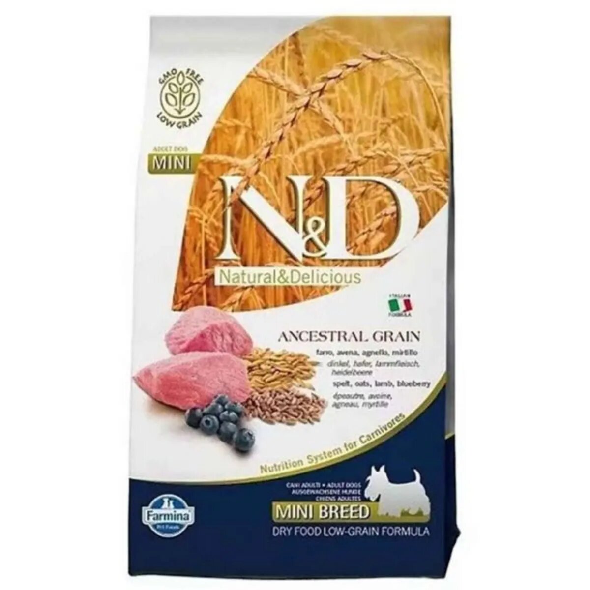 N&D Ancestral Grain Adult Mini XS-S Miel și afine hrană uscată conținut redus cereale câini 800g
