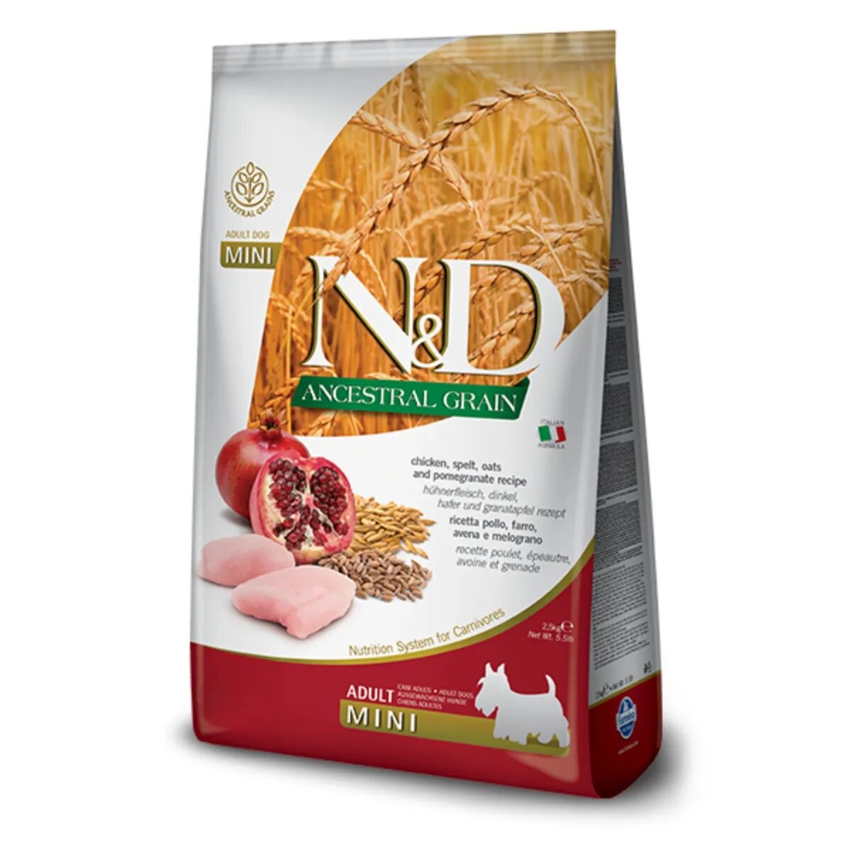 N&D Ancestral Grain Adult Mini XS-S Pui și Rodie hrană uscată conținut redus cereale câini 7kg