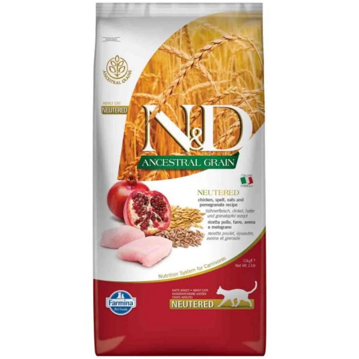 N&D Ancestral Grain Adult Sterilizat Pui Rodie hrană uscată conținut redus cereale pisici 10kg