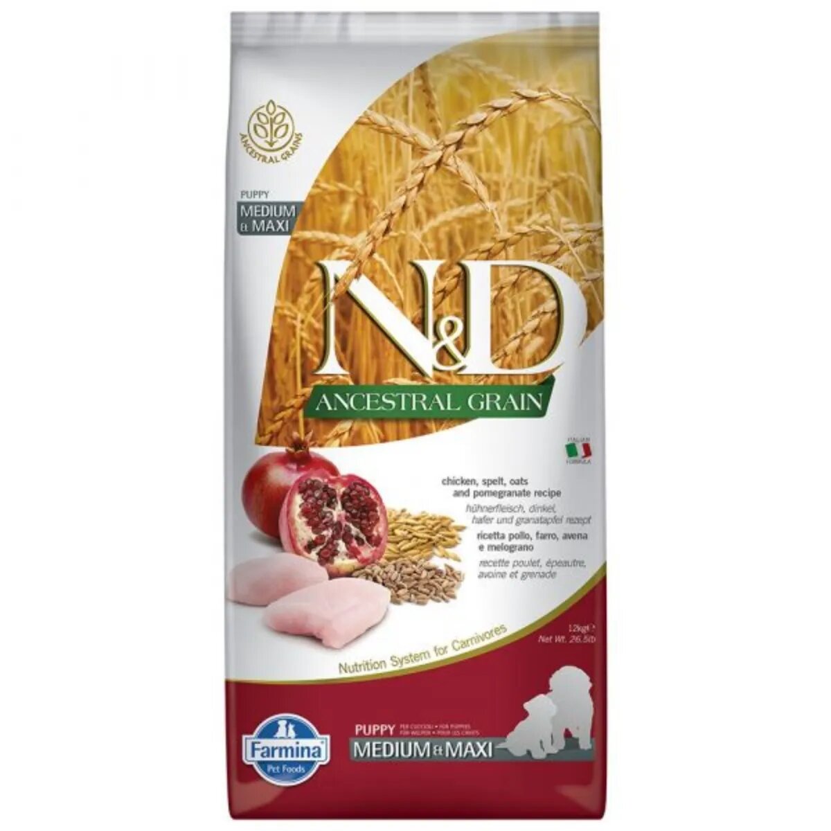 N&D Ancestral Grain Puppy Medium/Maxi M-XL Pui și Rodie hrană uscată conținut redus cereale câini junior 12kg