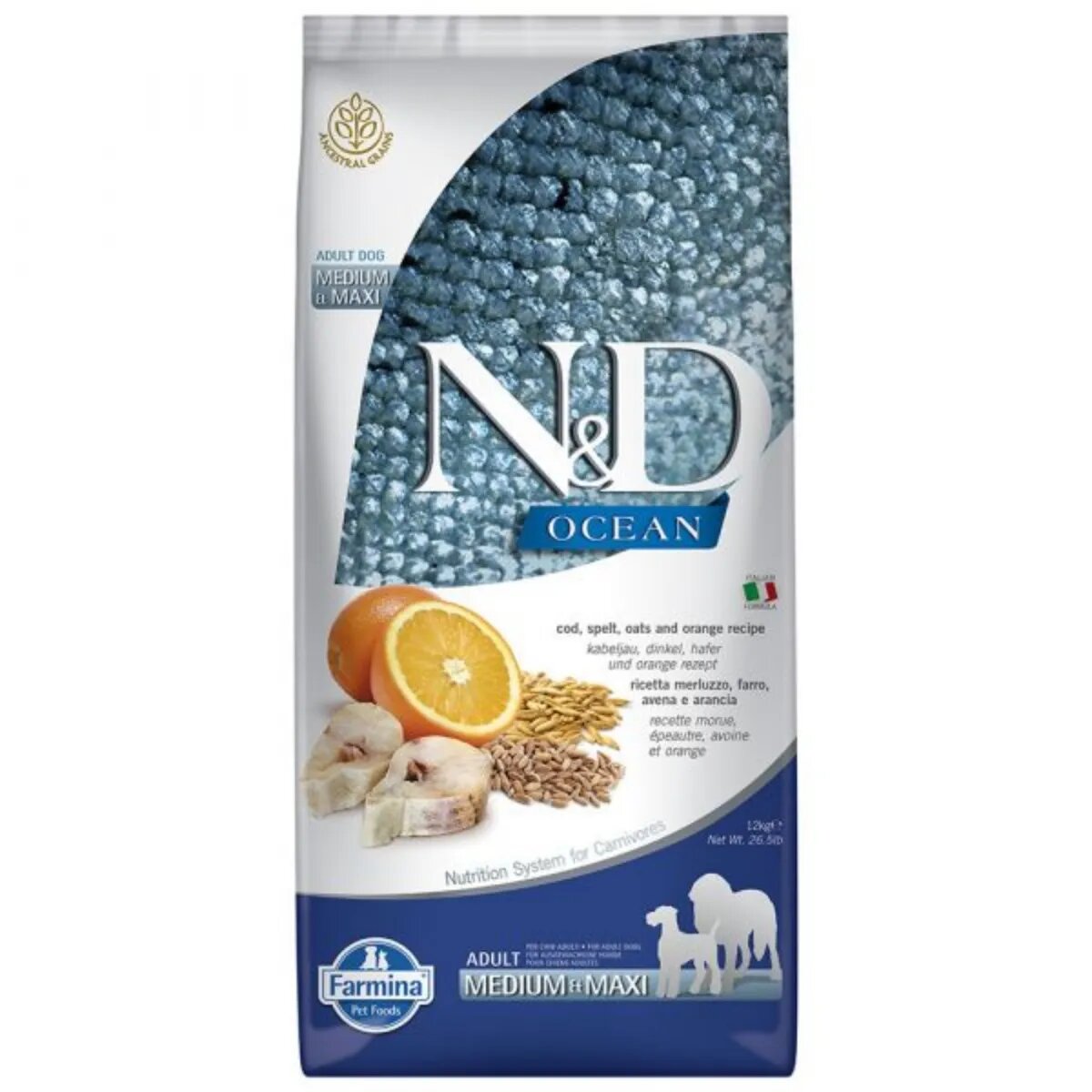 N&D Ocean Adult Medium/Maxi M-XL Cod și Protocală hrană uscată fără cereale câini 12kg