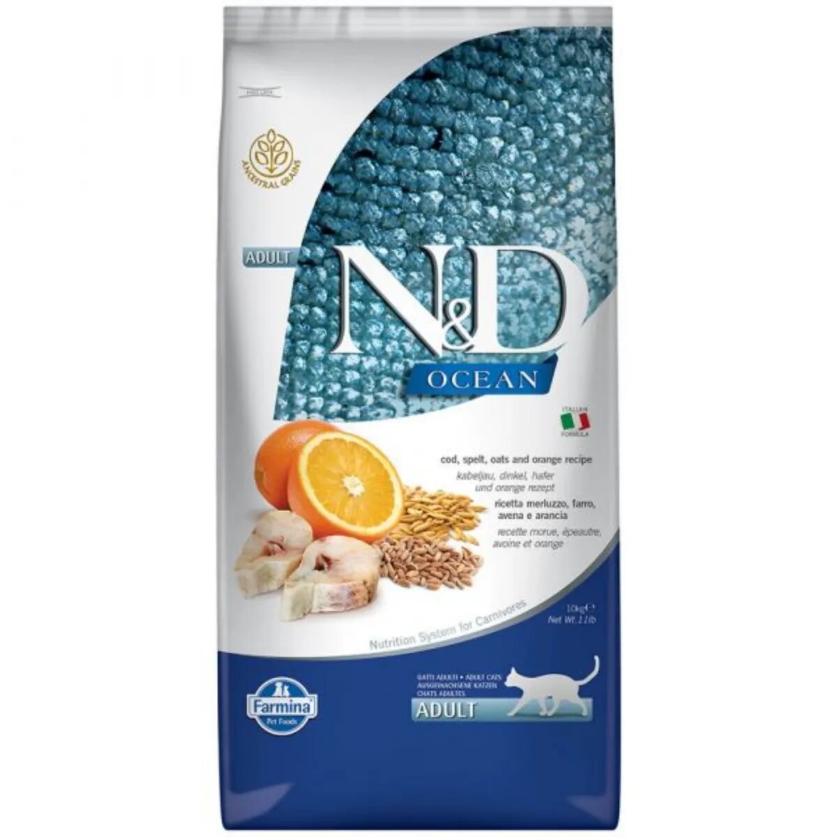 N&D Ocean Cod și Protocală hrană uscată conținut redus cereale pisici 10kg