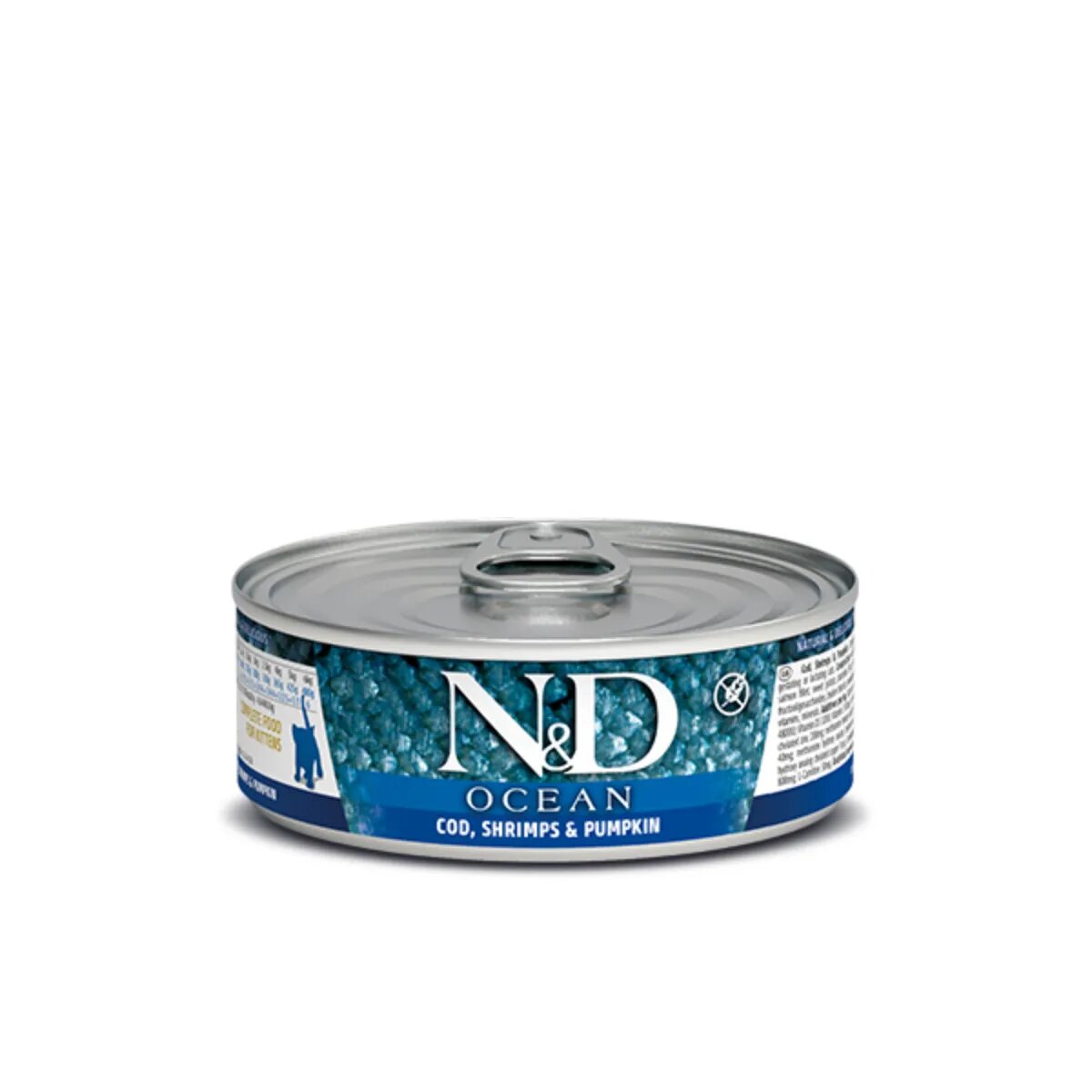 N&D Ocean Kitten Cod și Creveți conservă hrană umedă fără cereale pisici junior (în aspic) 70g