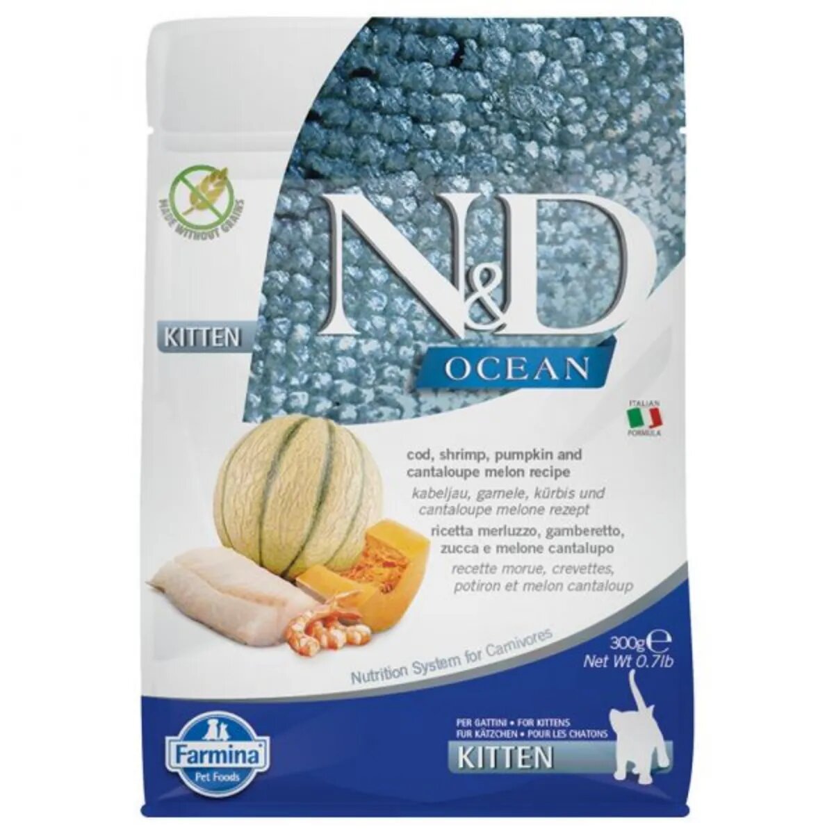 N&D Ocean Kitten Cod și Creveți hrană uscată fără cereale pisici junior 300g