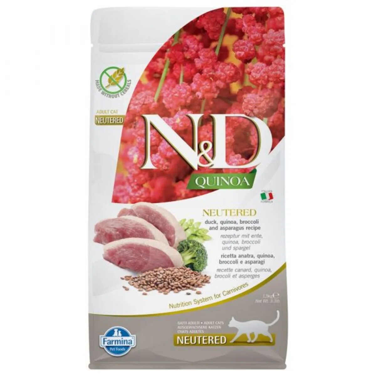 N&D Quinoa Adult Sterilizat Rață și Broccoli hrană uscată fără cereale pisici 1.5kg