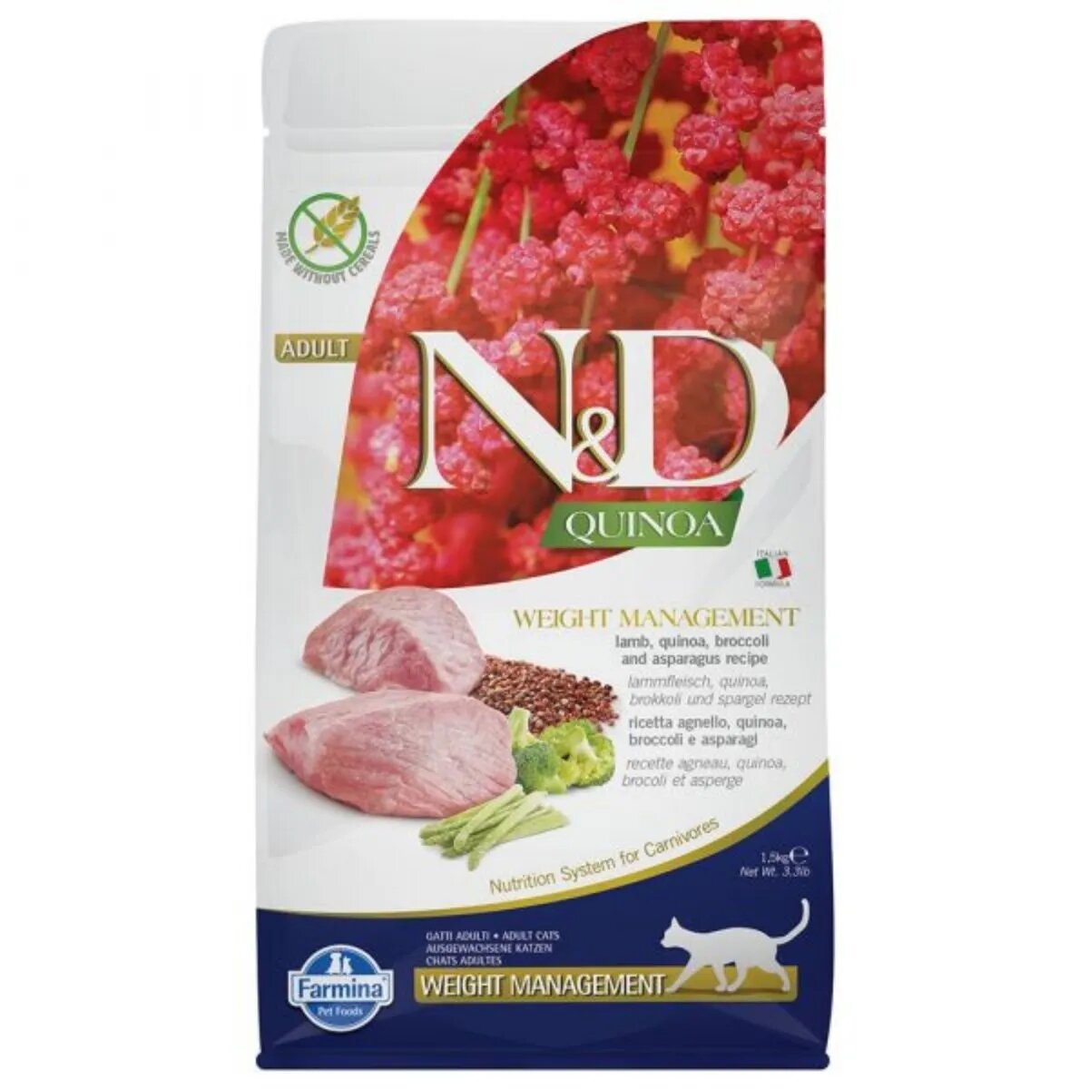N&D Quinoa Controlul Greutatii Miel hrană uscată fără cereale pisici obezitate 1.5kg