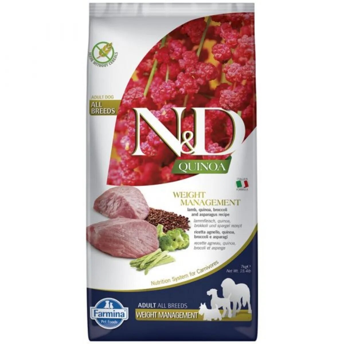 N&D Quinoa Controlul Greutatii Miel XS-XL hrană uscată fără cereale câini obezitate 7kg