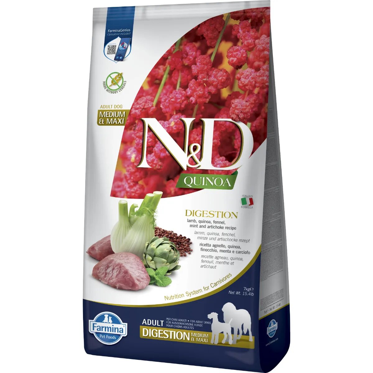 N&D Quinoa Digestion Medium & Maxi M-XL Miel hrană uscată fără cereale câini sistem digestiv 7kg