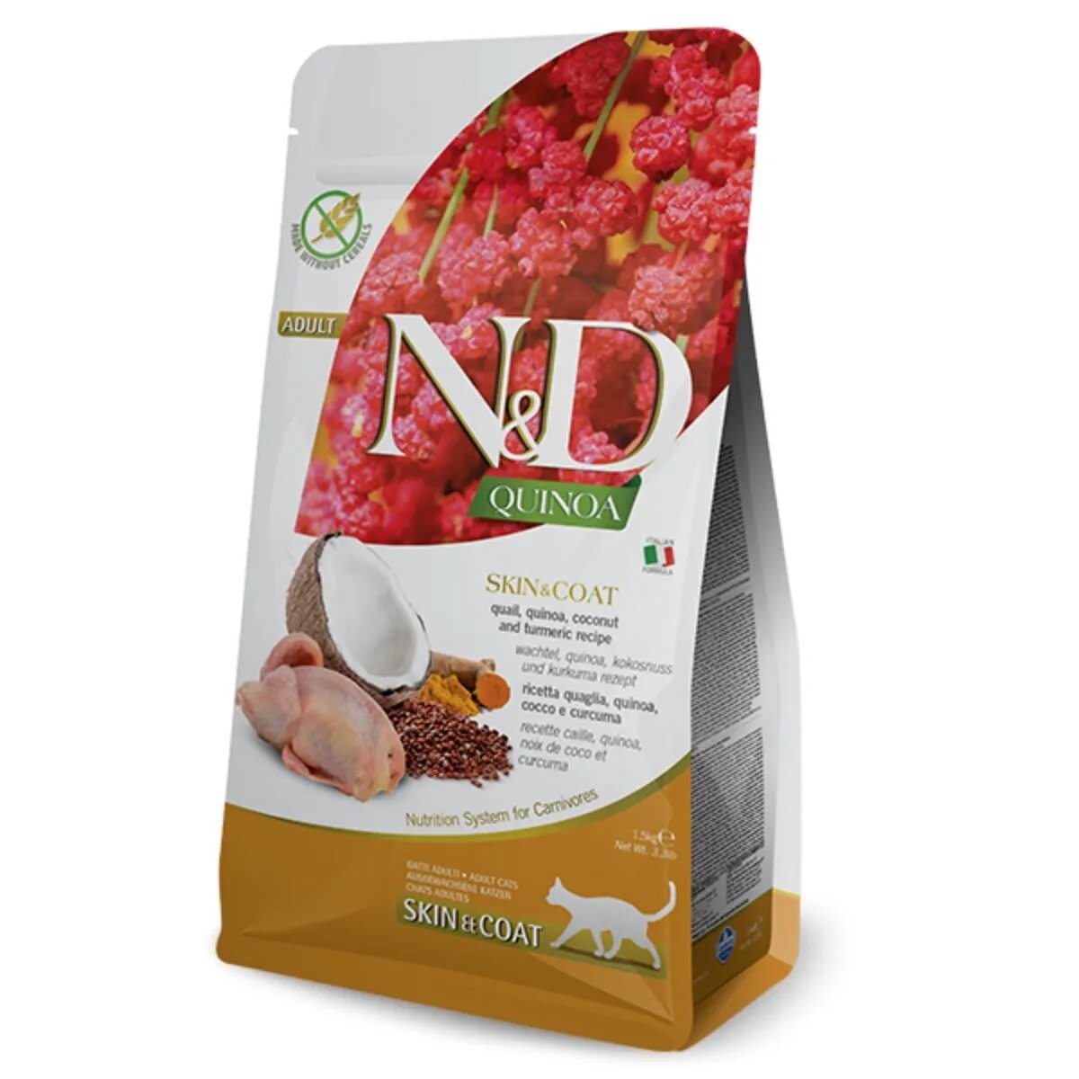 N&D Quinoa Skin & Coat Prepeliță hrană uscată fără cereale pisici piele & blană 1.5kg