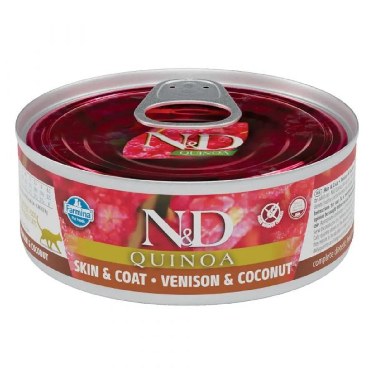 N&D Quinoa Skin&Coat Vânat și Cocos conservă hrană umedă fără cereale pisici piele & blană (în sos) 80g