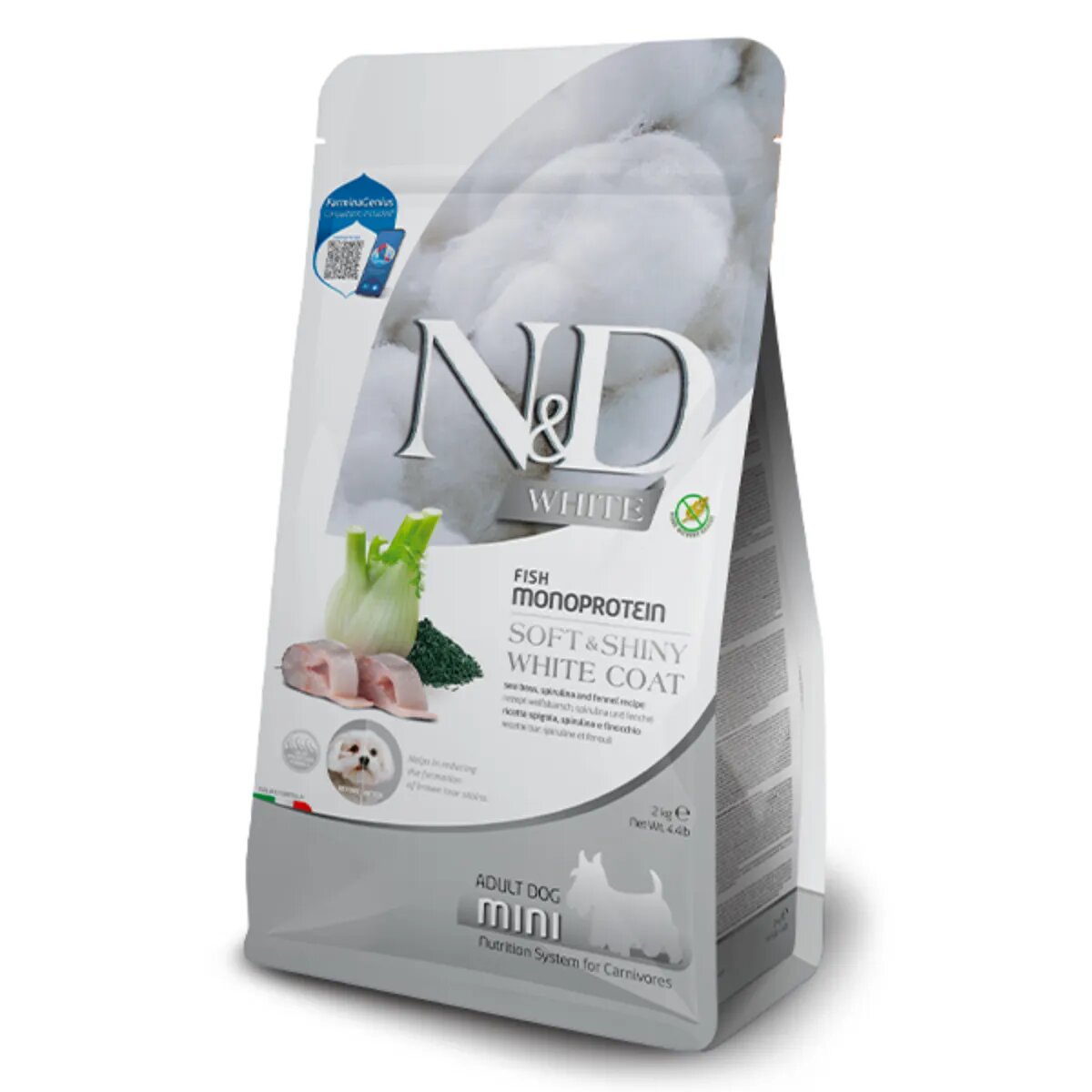 N&D White & Brown Adult Mini XS-S Biban și Spirulină hrană uscată monoproteică fără cereale câini piele & blană 2kg