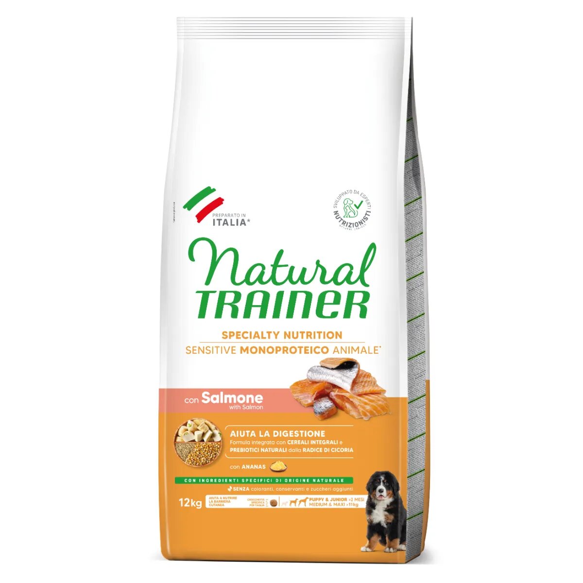 Natural Trainer Speciality Nutrition Sensitive Puppy & Junior M-XL Somon hrană uscată monoproteică câini junior sistem digestiv 12kg