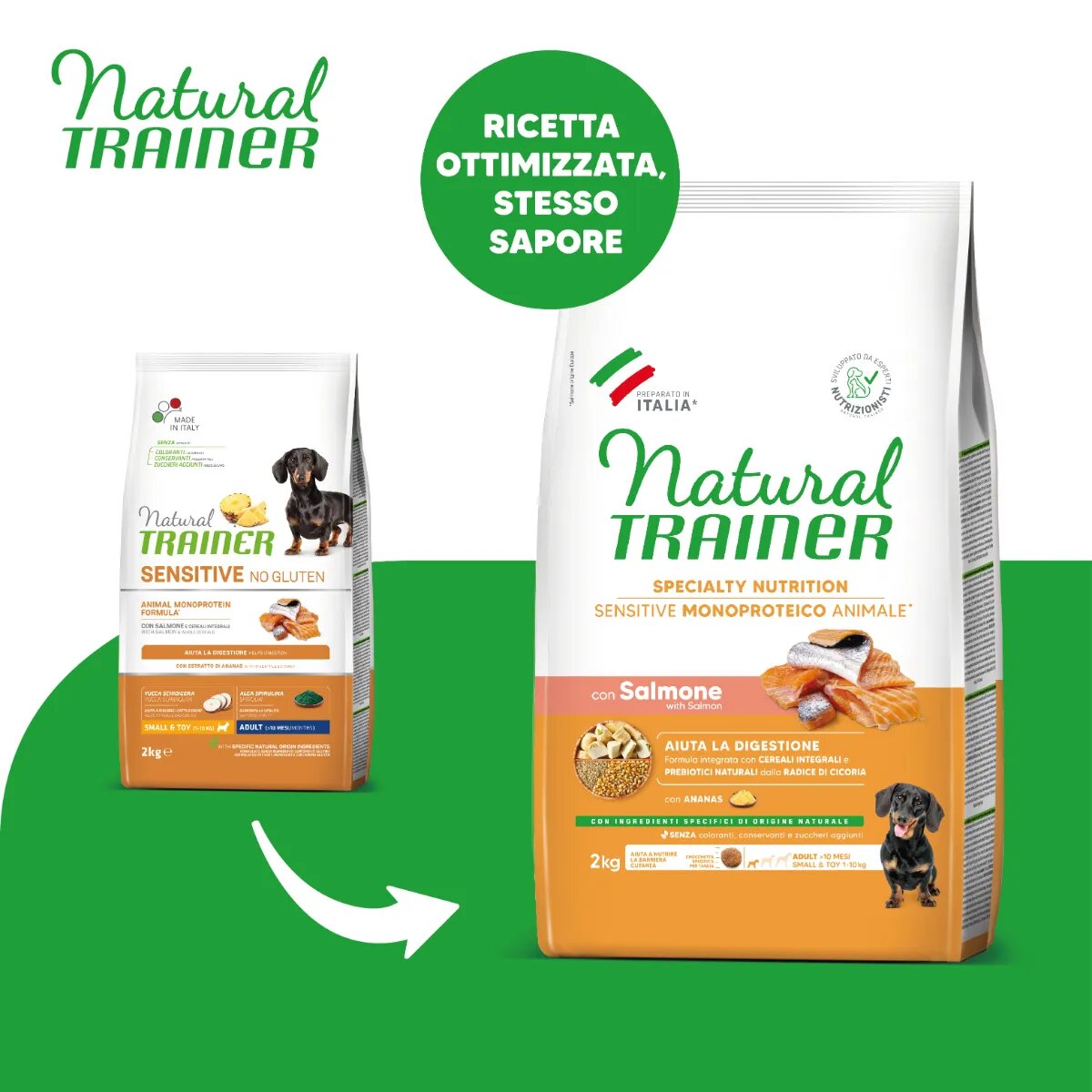 Natural Trainer Speciality Nutrition Sensitive XS-S Somon hrană uscată monoproteică câini sistem digestiv 2kg