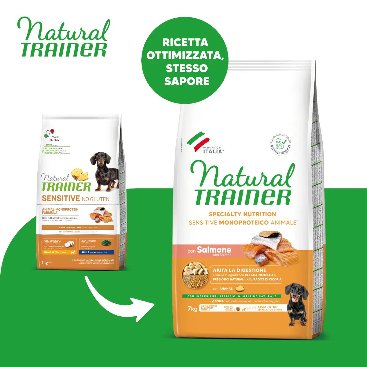 Natural Trainer Speciality Nutrition Sensitive XS-S Somon hrană uscată monoproteică câini sistem digestiv 7kg