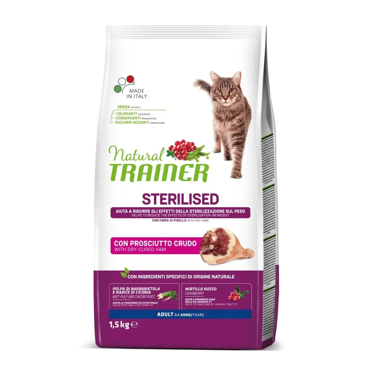 Natural Trainer Sterilised Bacon hrană uscată pisici sterilizate 1.5kg
