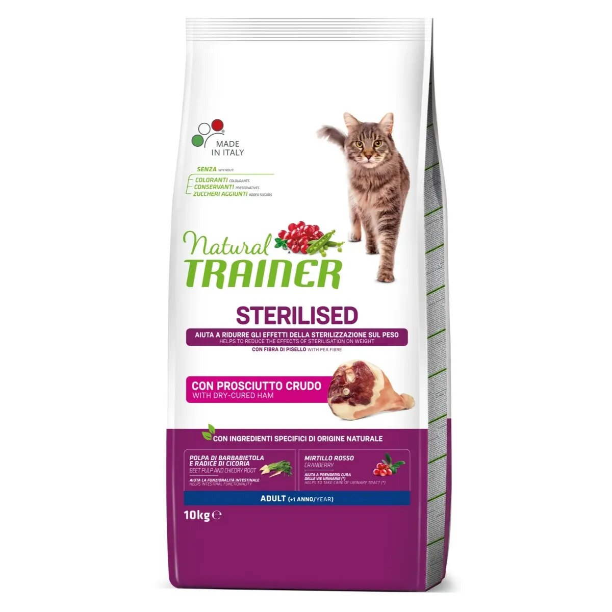 Natural Trainer Sterilised Bacon hrană uscată pisici sterilizate 10kg