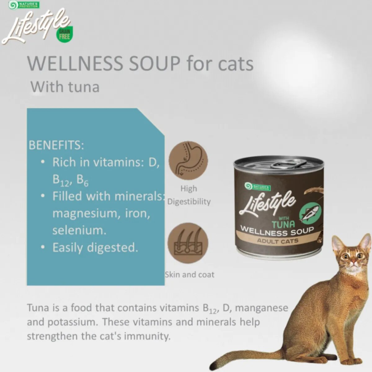 Natures Protection Lifestyle Sensitive Digestion Soup Ton conservă hrană umedă monoproteică pisici sistem digestiv (topping) 140g