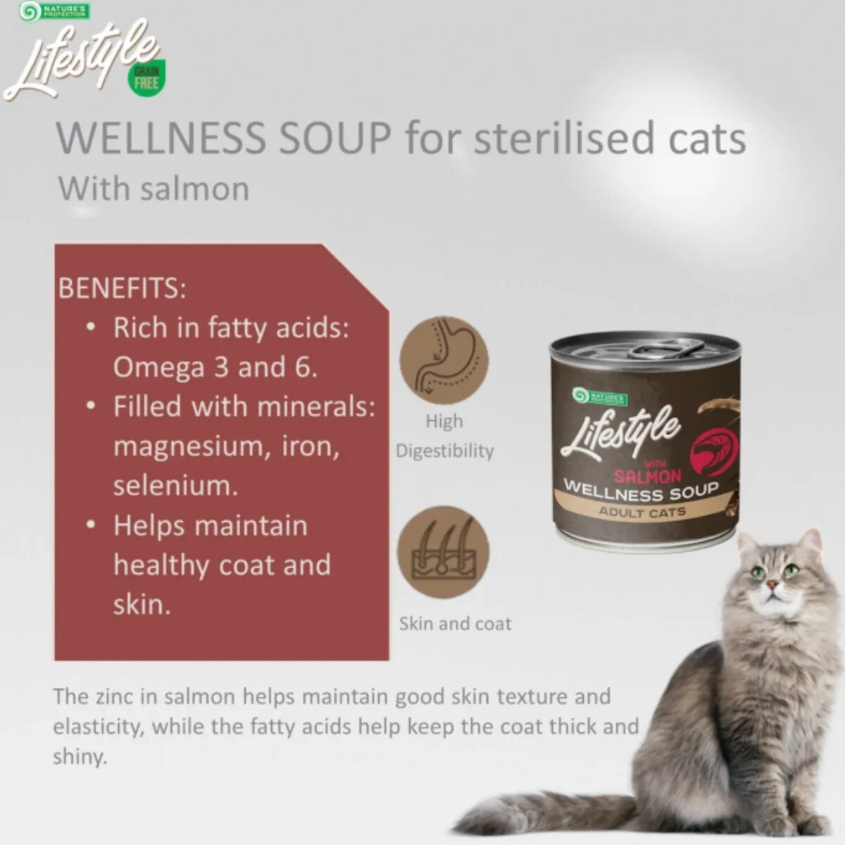 Natures Protection Lifestyle Sterilised Soup Somon conservă hrană umedă pisici sterilizate (topping) 140g