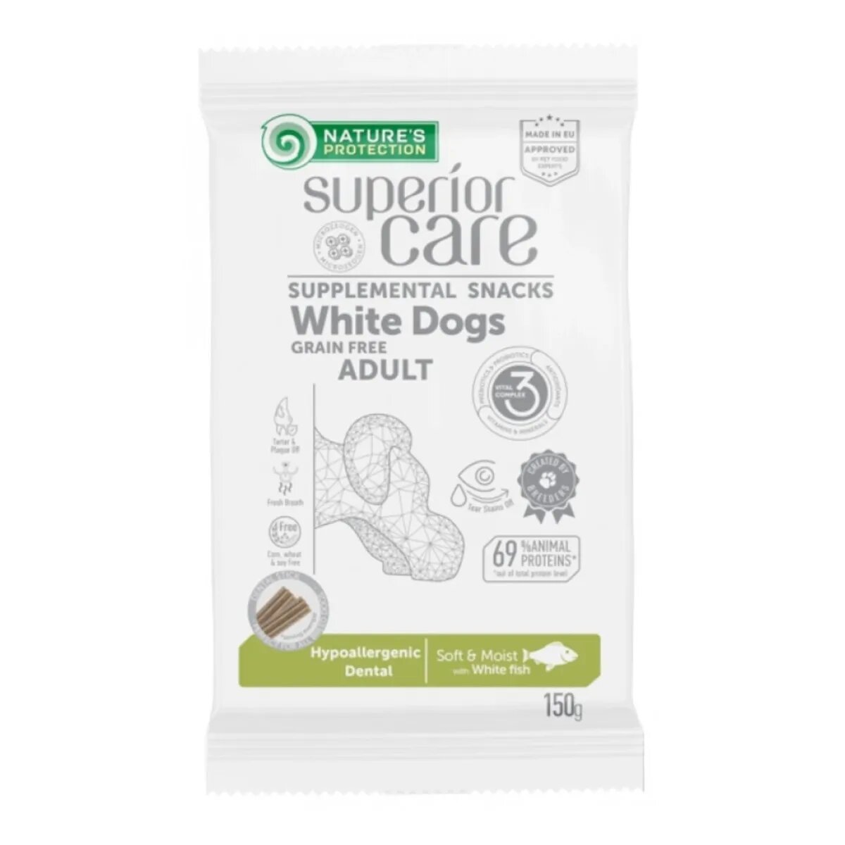 Natures Protection Superior Care blană albă Pește Alb recompense funcționale fără cereale câini blană albă igienă orală 150g