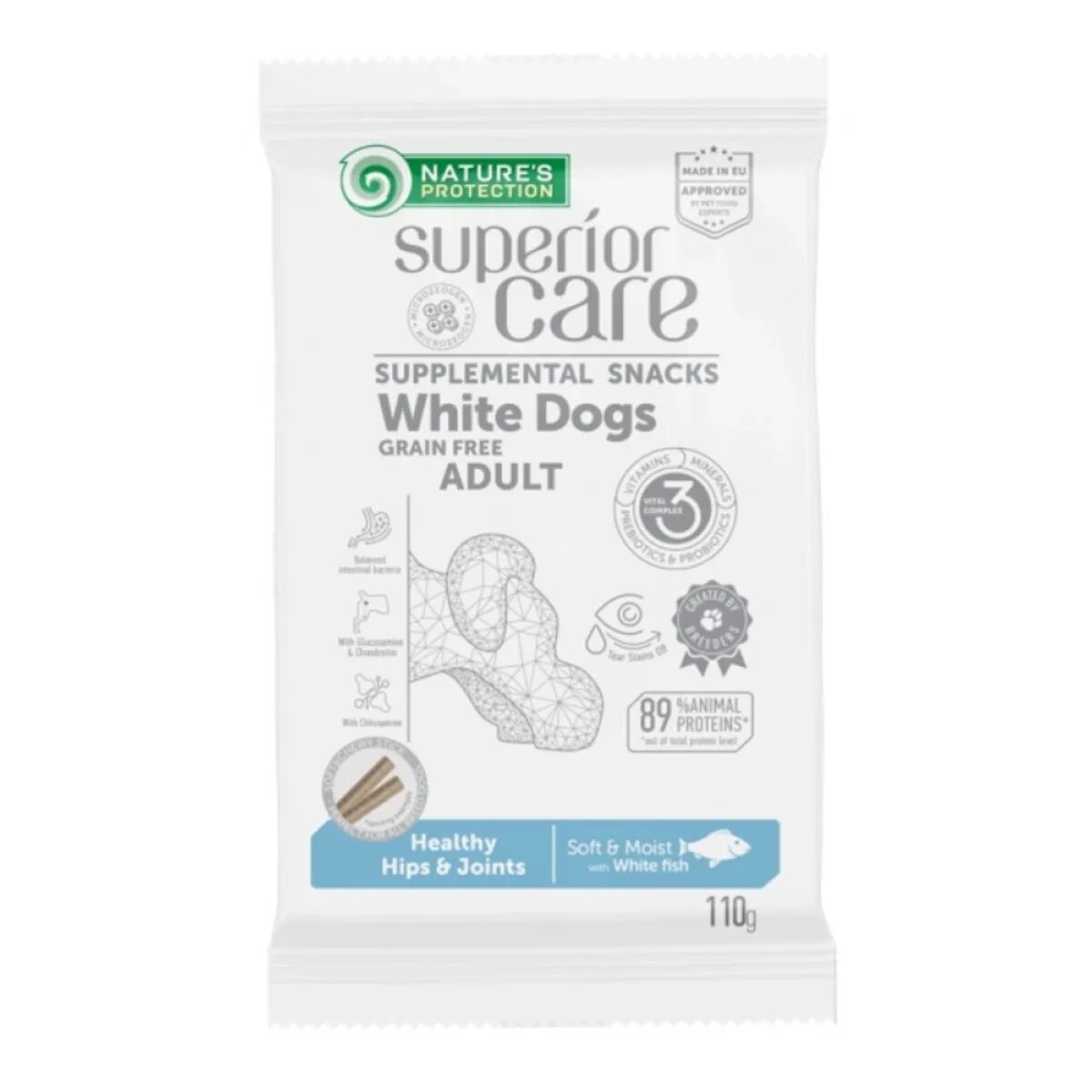 Natures Protection Superior Care blană albă Pește Alb recompense funcționale fără cereale câini blană albă suport articular 110g